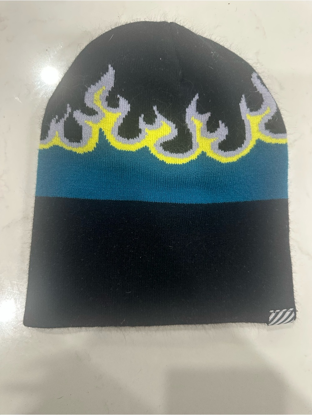 Volcom Black Blue Knit Beanie with Yellow Flame Accent